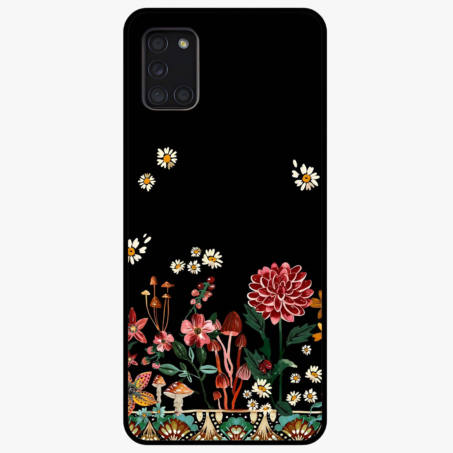 Midnight Bloom Pattern Glass Case showing flat back view with dark floral pattern artwork and glossy glass finish.