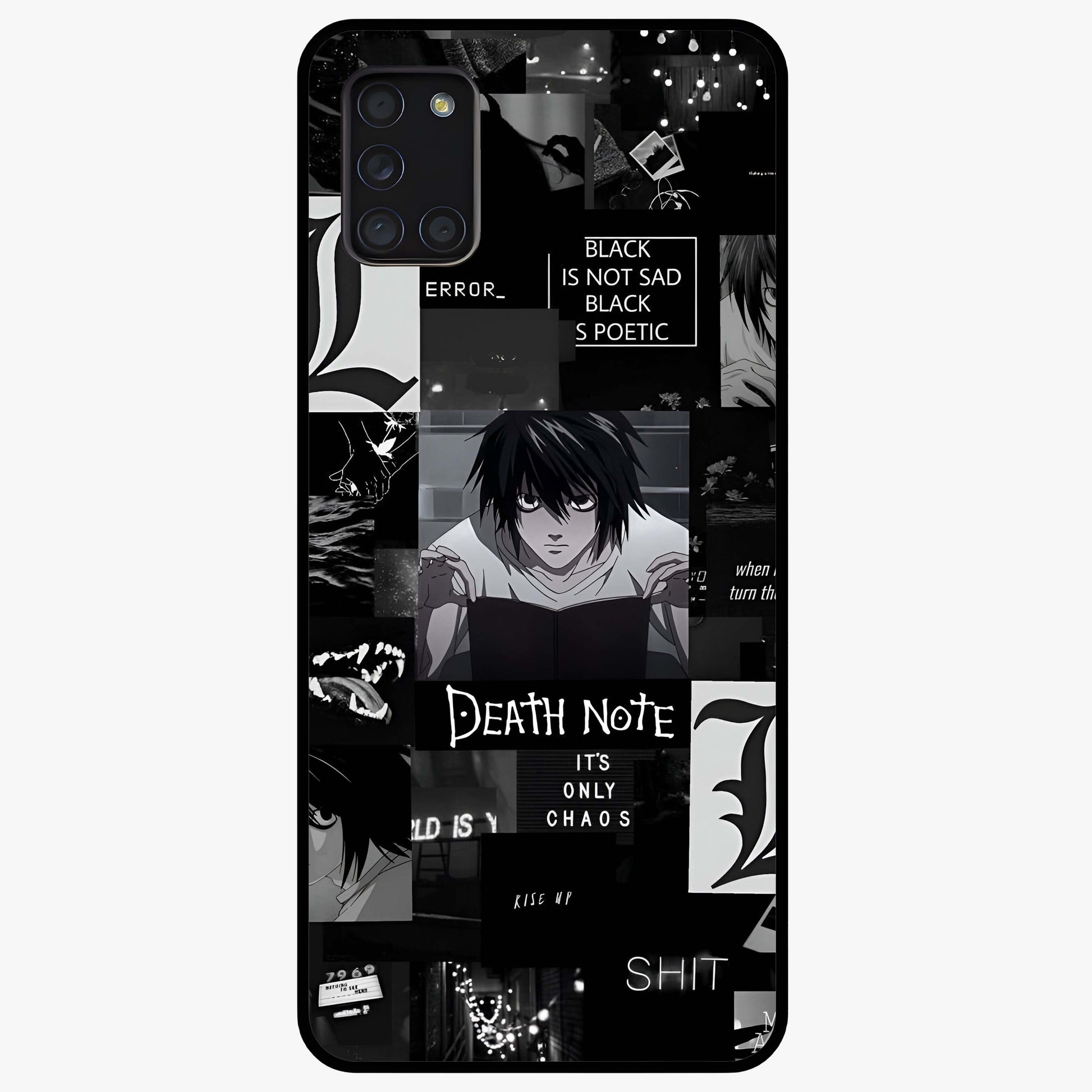 Midnight Chaos Mind Glass Case showing flat back view with abstract dark themed artwork and glossy glass finish.