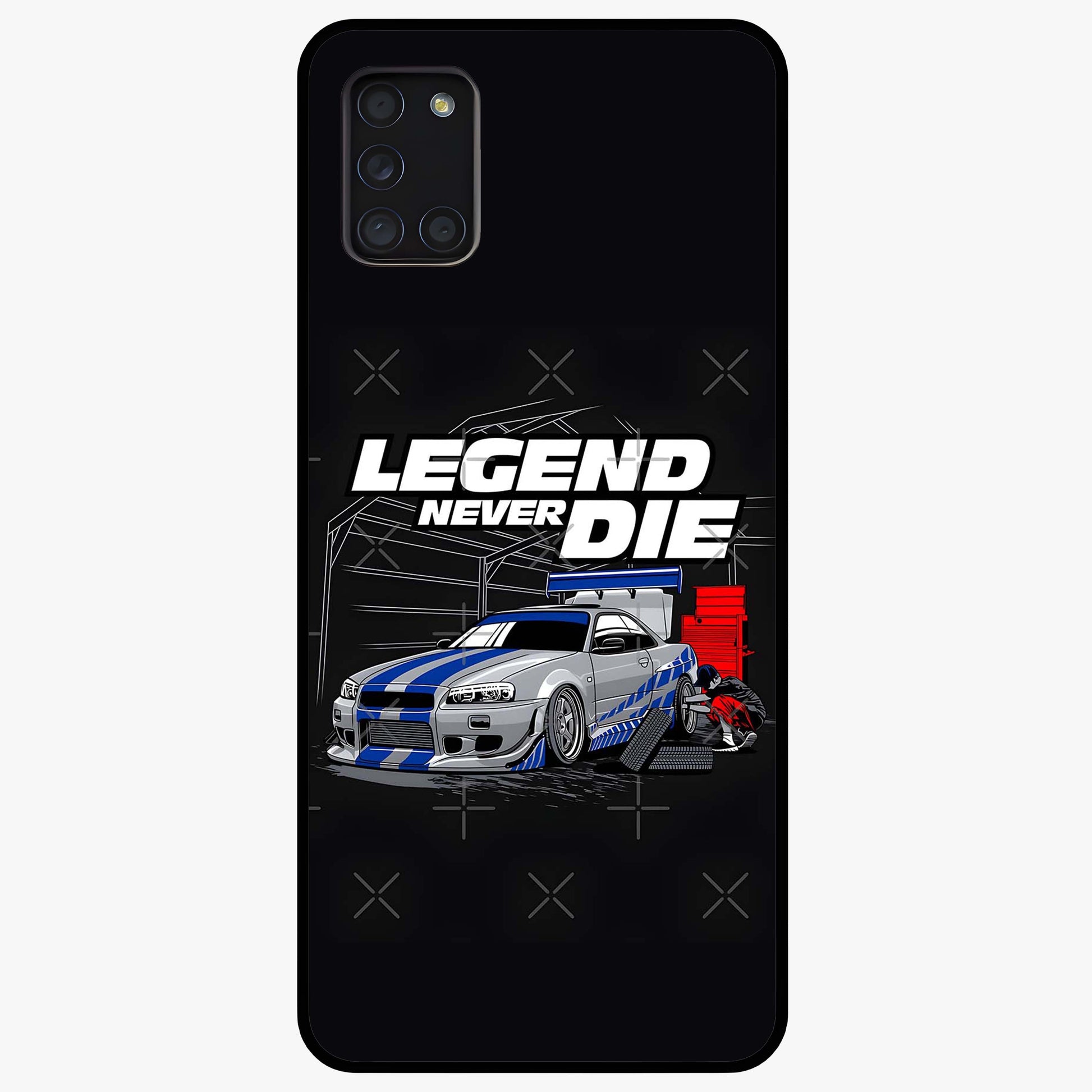 Midnight Racing Legacy Glass Case showing flat back view with sleek racing inspired artwork and glossy glass finish.