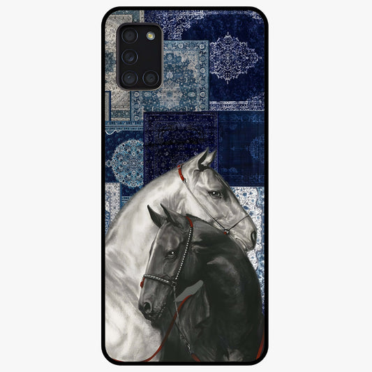 Midnight Stallion Blues Glass Case showing flat back view with majestic horse artwork and glossy glass finish.