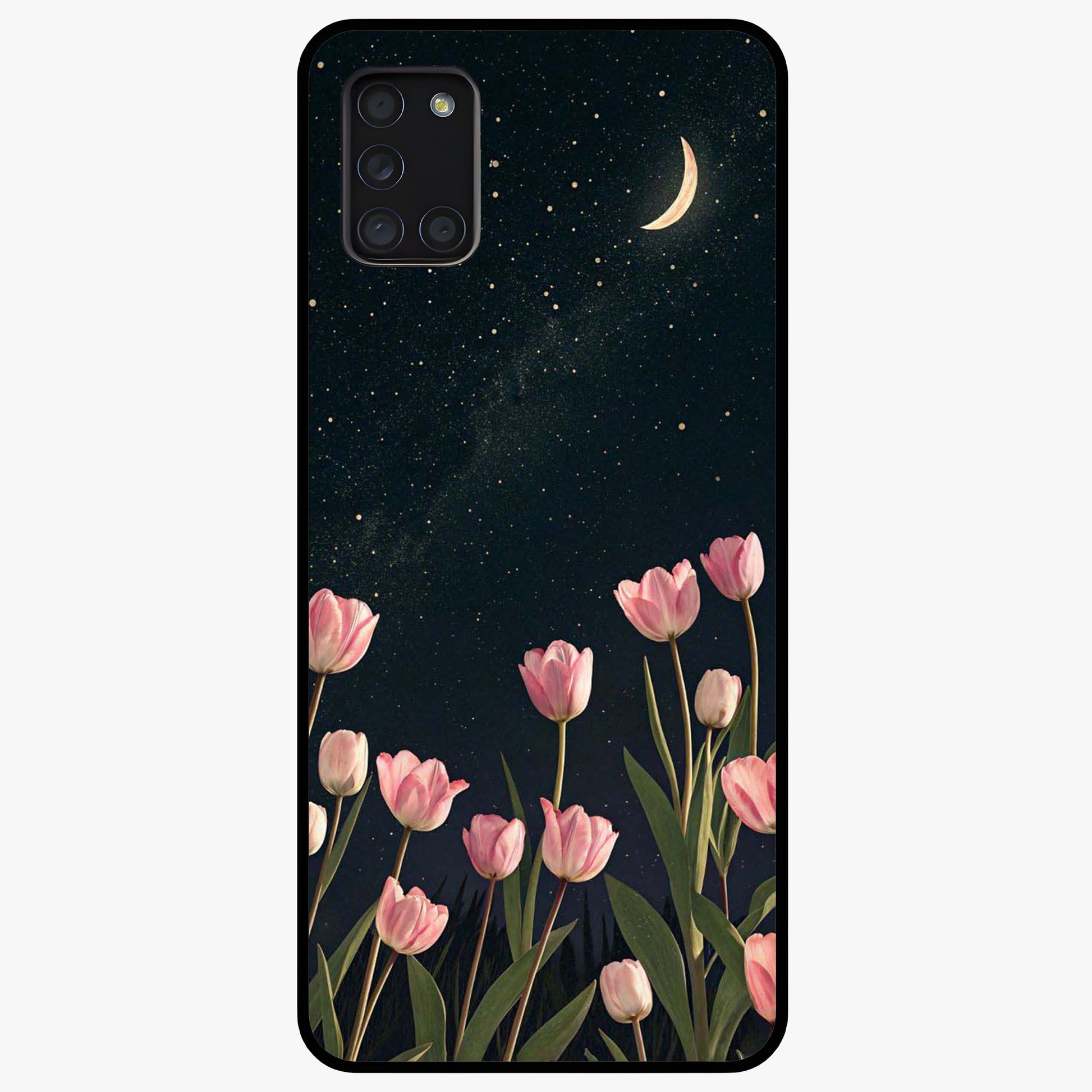 Midnight Tulip Whispers Vibe Glass Case showing flat back view with elegant tulip flower artwork and glossy glass finish.