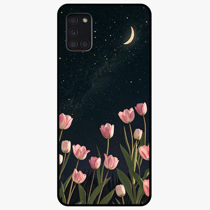 Midnight Tulip Whispers Vibe Glass Case showing flat back view with elegant tulip flower artwork and glossy glass finish.