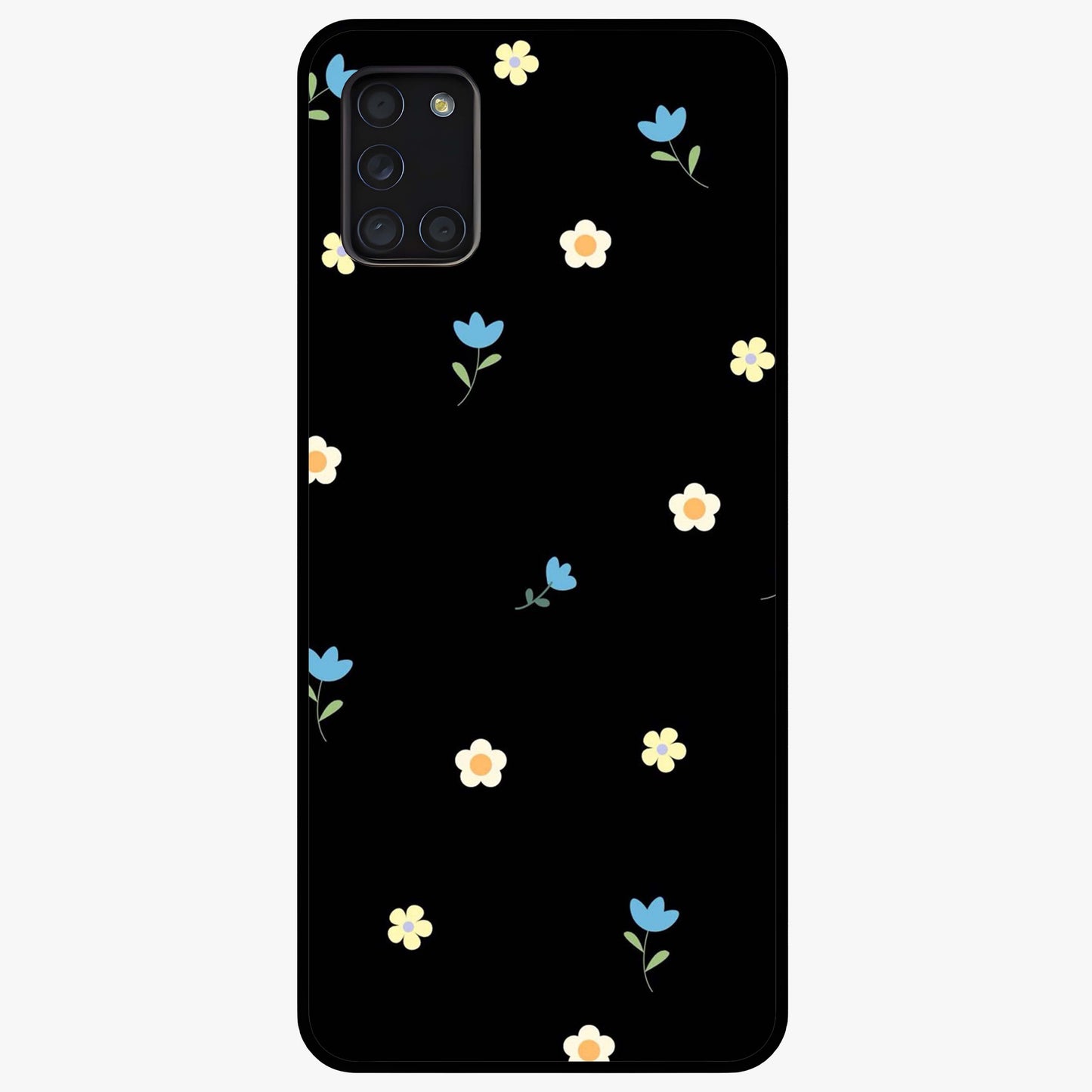 Minimalistic Blue With White Flower Pattern Glass Case showing flat back view with blue background and white flower pattern and glossy glass finish.