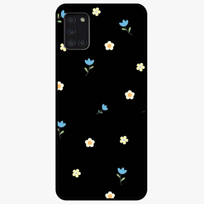 Minimalistic Blue With White Flower Pattern Glass Case showing flat back view with blue background and white flower pattern and glossy glass finish.