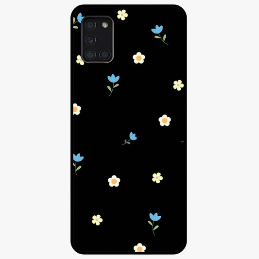 Minimalistic Blue With White Flower Pattern Glass Case showing flat back view with blue background and white flower pattern and glossy glass finish.
