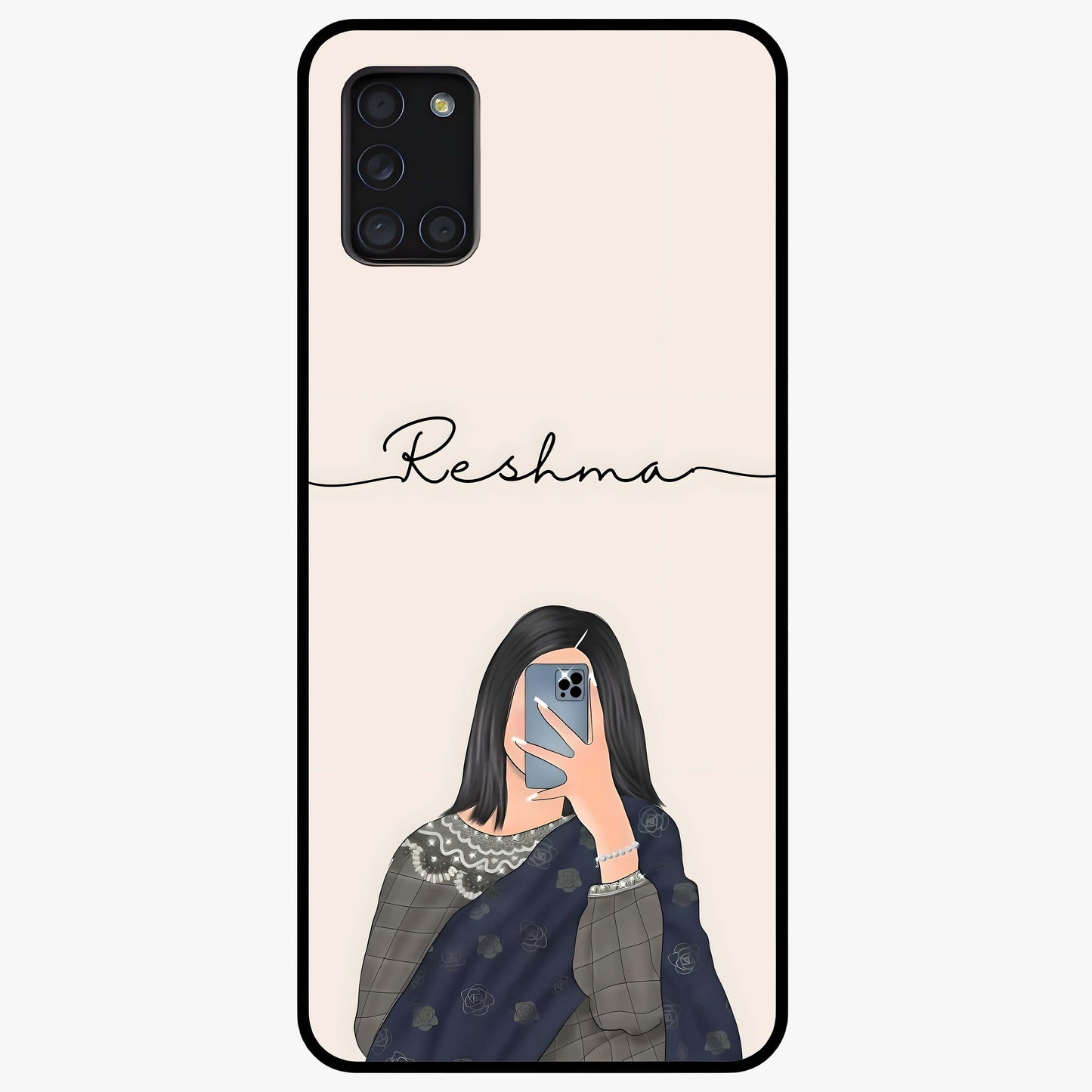 Mirror Mood Muse With Custom Name Glass Case showing flat back view with stylish mirrored artwork and personalized name design.