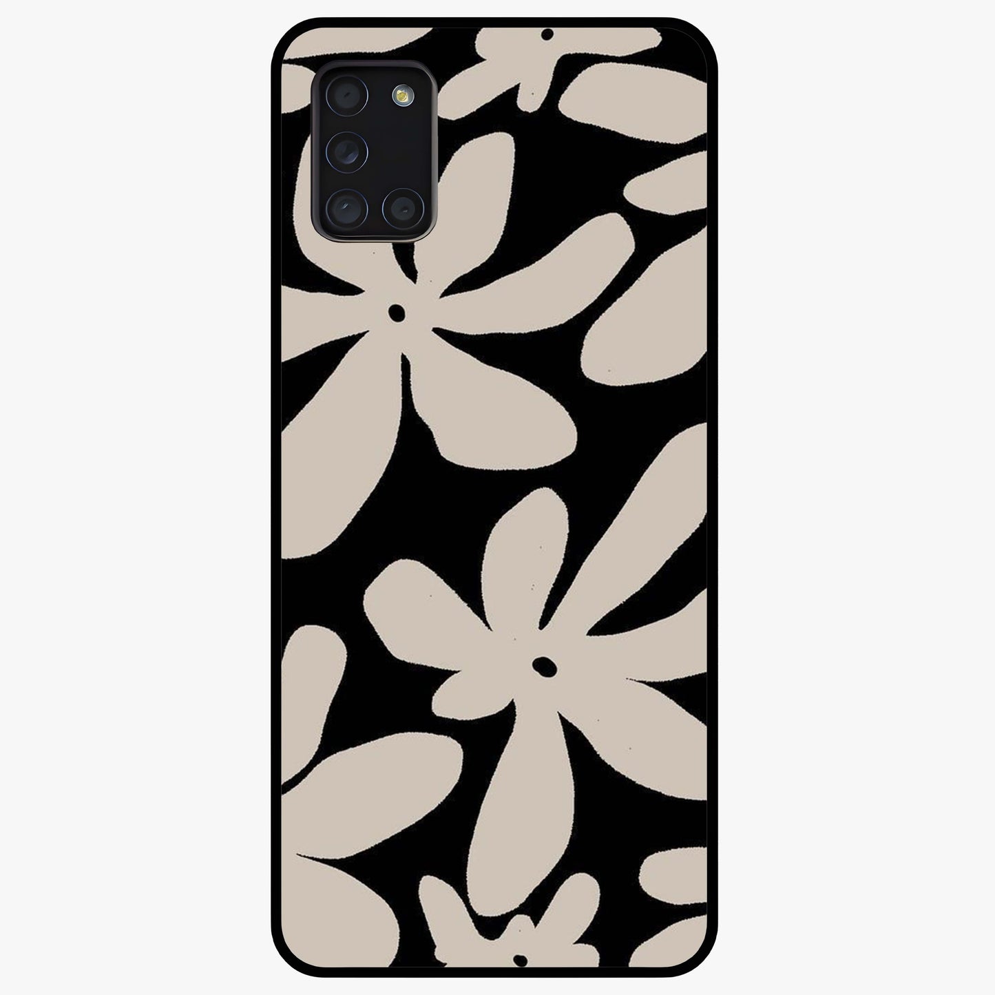 Monochrome Petal Dance Glass Case showing flat back view with monochrome floral artwork and glossy glass finish.