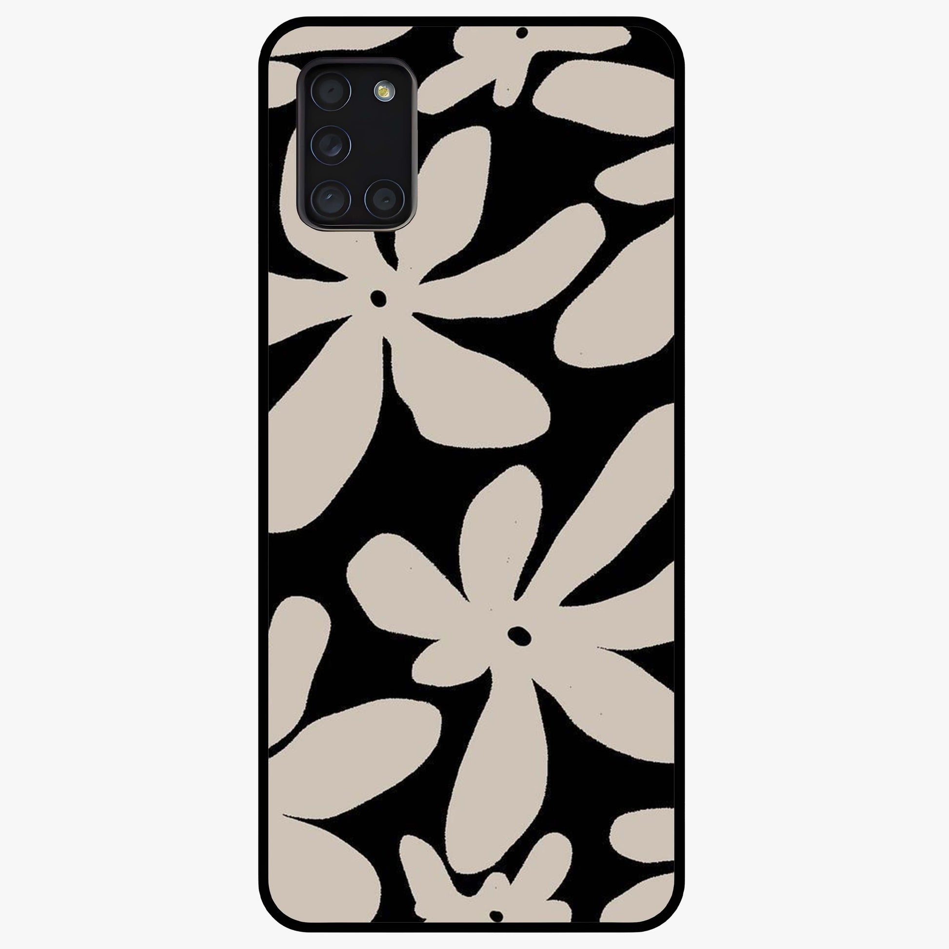 Monochrome Petal Dance Glass Case showing flat back view with monochrome floral artwork and glossy glass finish.