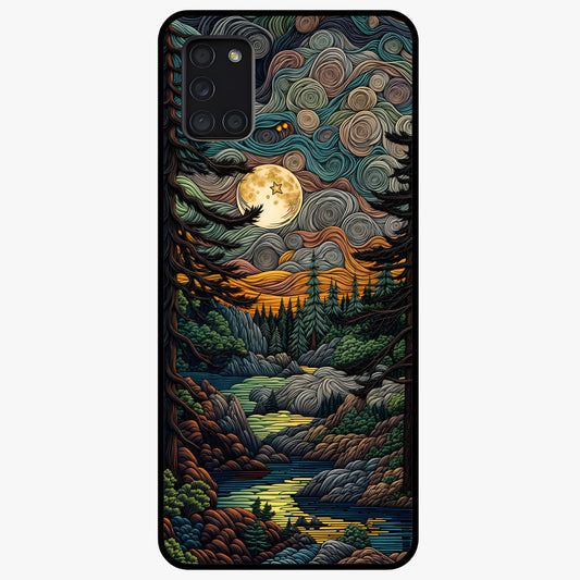 Moonlight Forest Dream Glass Case showing flat back view with mystical forest moonlight artwork and glossy glass finish.