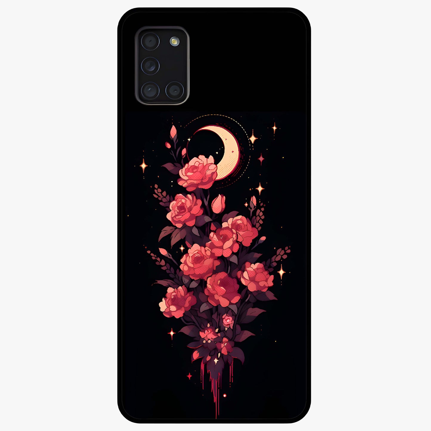 Moonlit Floral Elegance Glass Case showing flat back view with elegant floral artwork under moonlit tones and glossy glass finish.