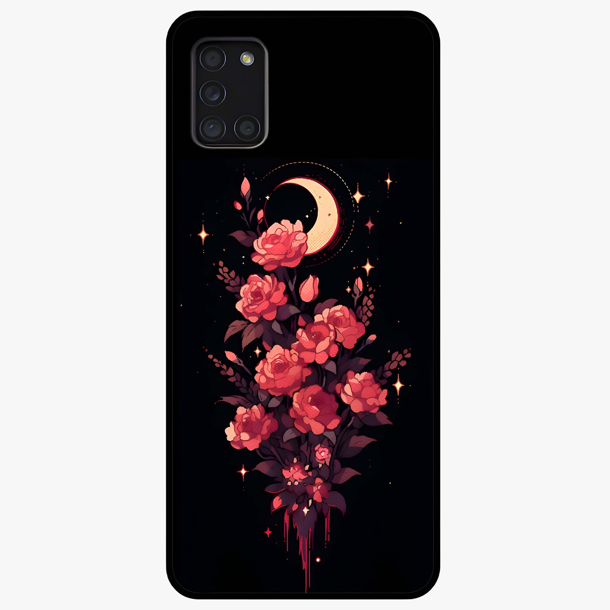 Moonlit Floral Elegance Glass Case showing flat back view with elegant floral artwork under moonlit tones and glossy glass finish.
