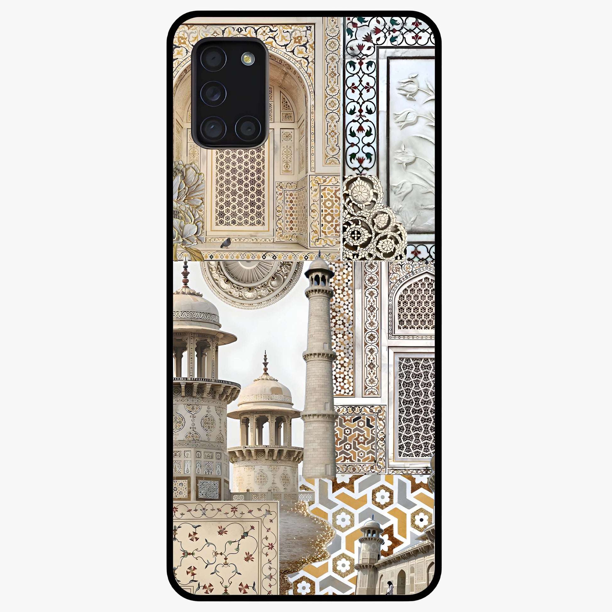 Mughal Marble Legacy Glass Case showing flat back view with intricate Mughal inspired marble pattern and glossy glass finish.