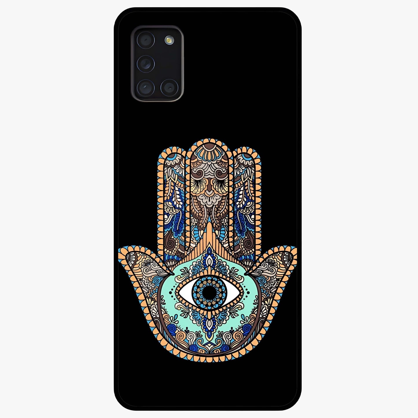 Mystic Hamsa Eye Glass Case showing flat back view with protective hamsa hand and evil eye artwork and glossy glass finish.