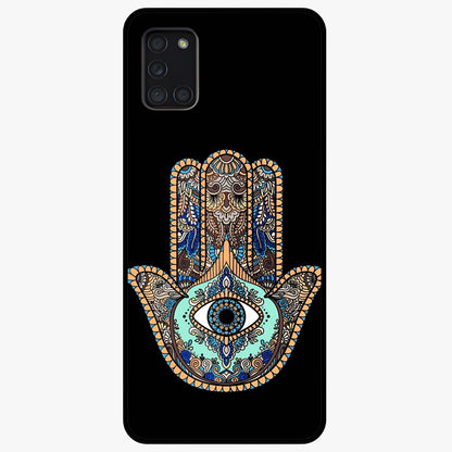 Mystic Hamsa Eye Glass Case showing flat back view with protective hamsa hand and evil eye artwork and glossy glass finish.