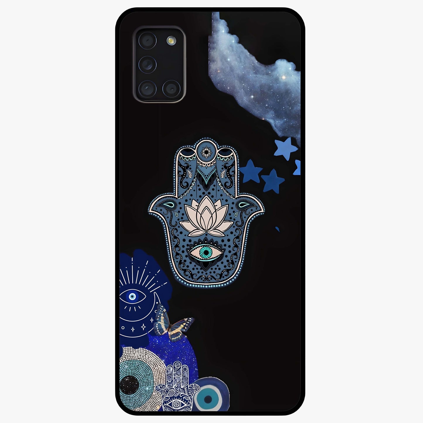 Mystic Hand Aura Glass Case showing flat back view with mystical hand symbol artwork and glossy glass finish.