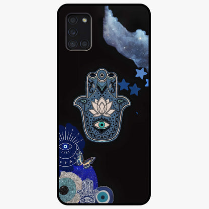 Mystic Hand Aura Glass Case showing flat back view with mystical hand symbol artwork and glossy glass finish.