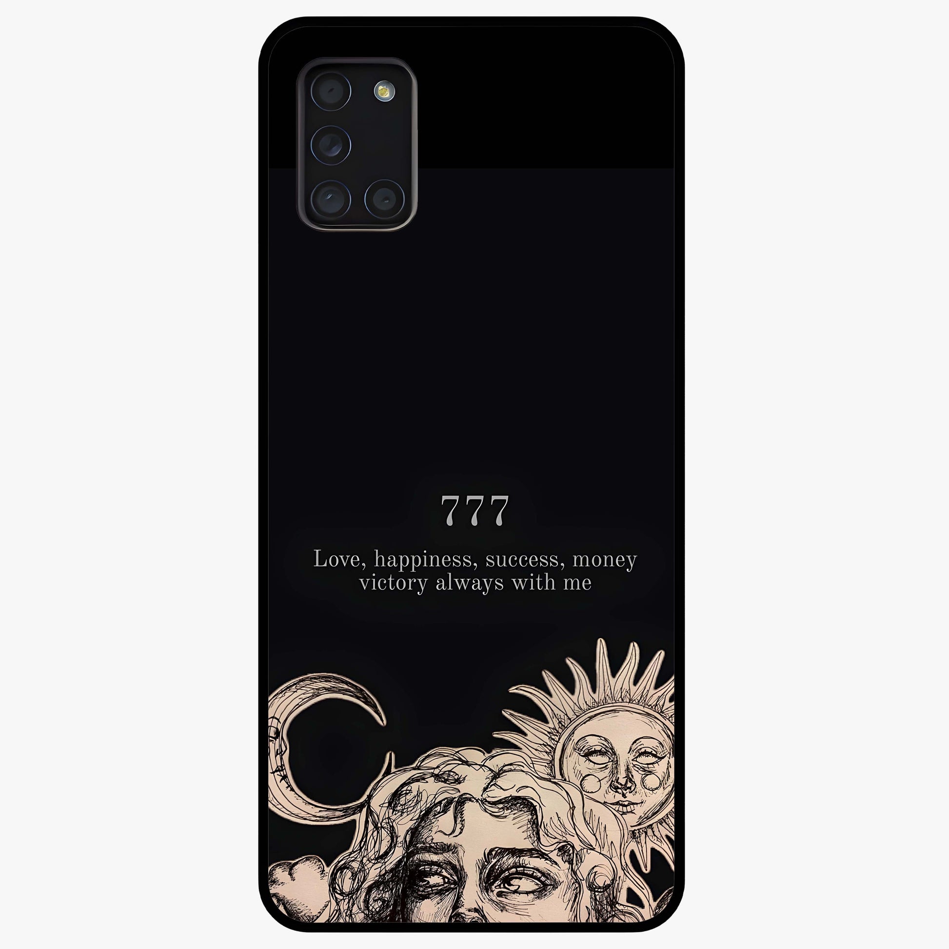 Mystic Victory Aura Glass Case showing flat back view with victory symbol artwork and glossy glass finish.