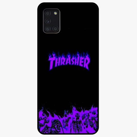 Neon Flame Riot Glass Case showing flat back view with neon flame artwork and glossy glass finish.