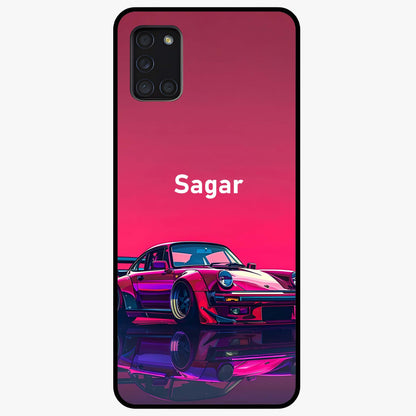 Neon Pink Porsche Glass Case showing flat back view with stylish sports car artwork and glossy glass finish.