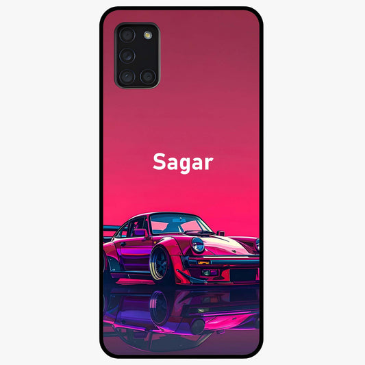 Neon Pink Porsche Glass Case showing flat back view with stylish sports car artwork and glossy glass finish.