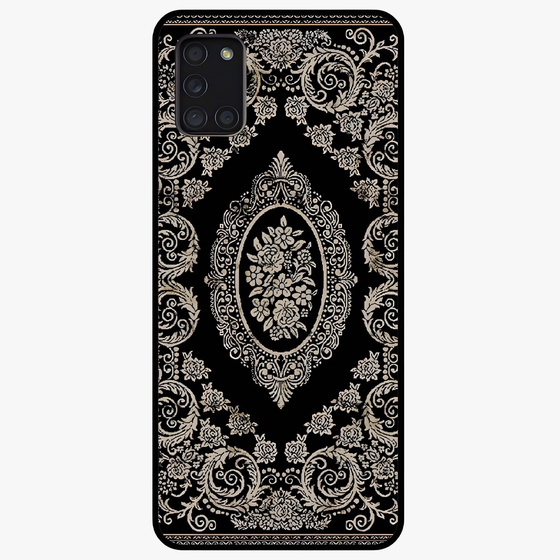 Noir Bloom Elegance Glass Case showing flat back view with elegant dark floral artwork and glossy glass finish.