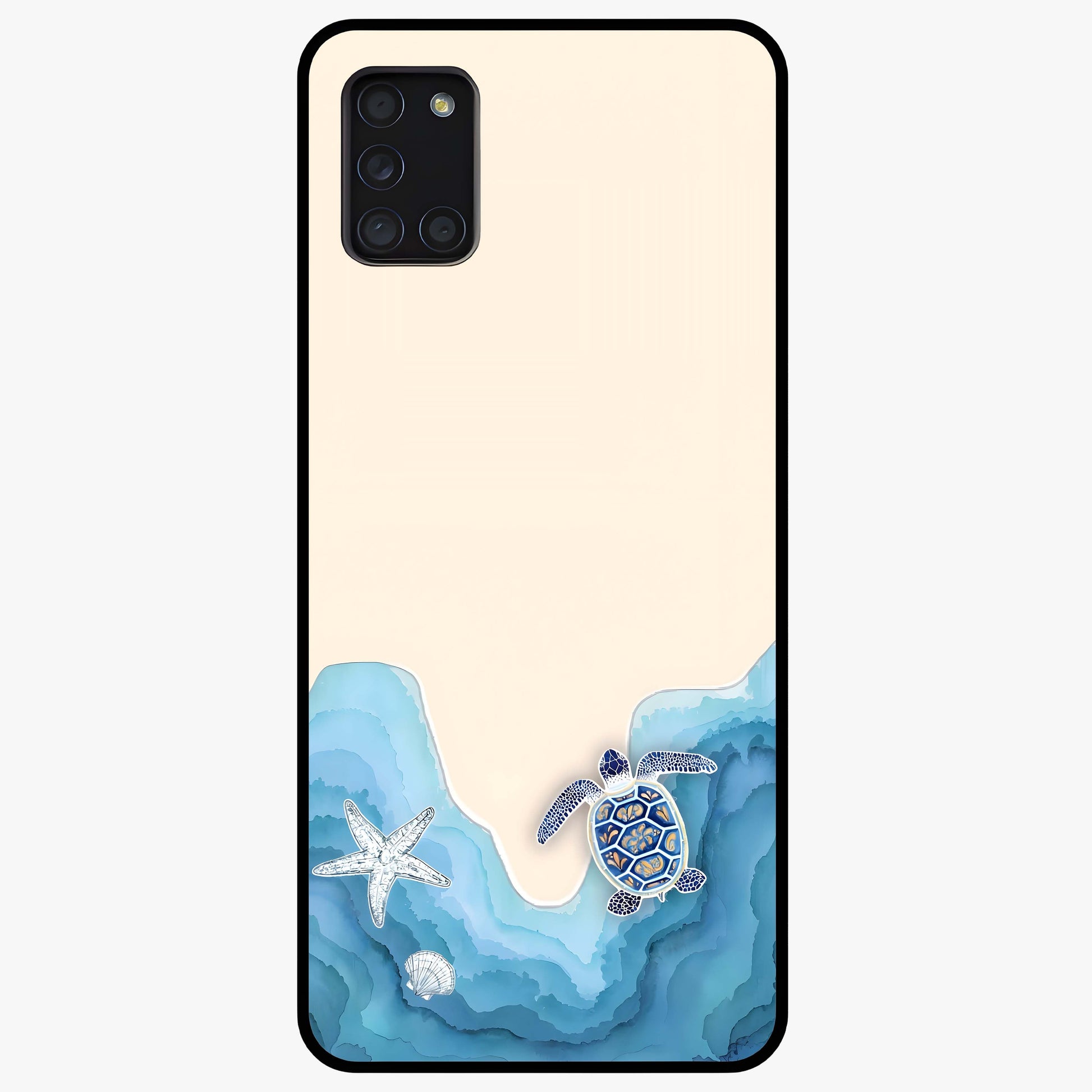 Ocean Drift Turtle Glass Case showing flat back view with sea turtle artwork and glossy glass finish.