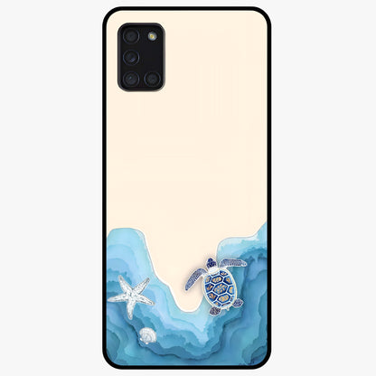 Ocean Drift Turtle Glass Case showing flat back view with sea turtle artwork and glossy glass finish.
