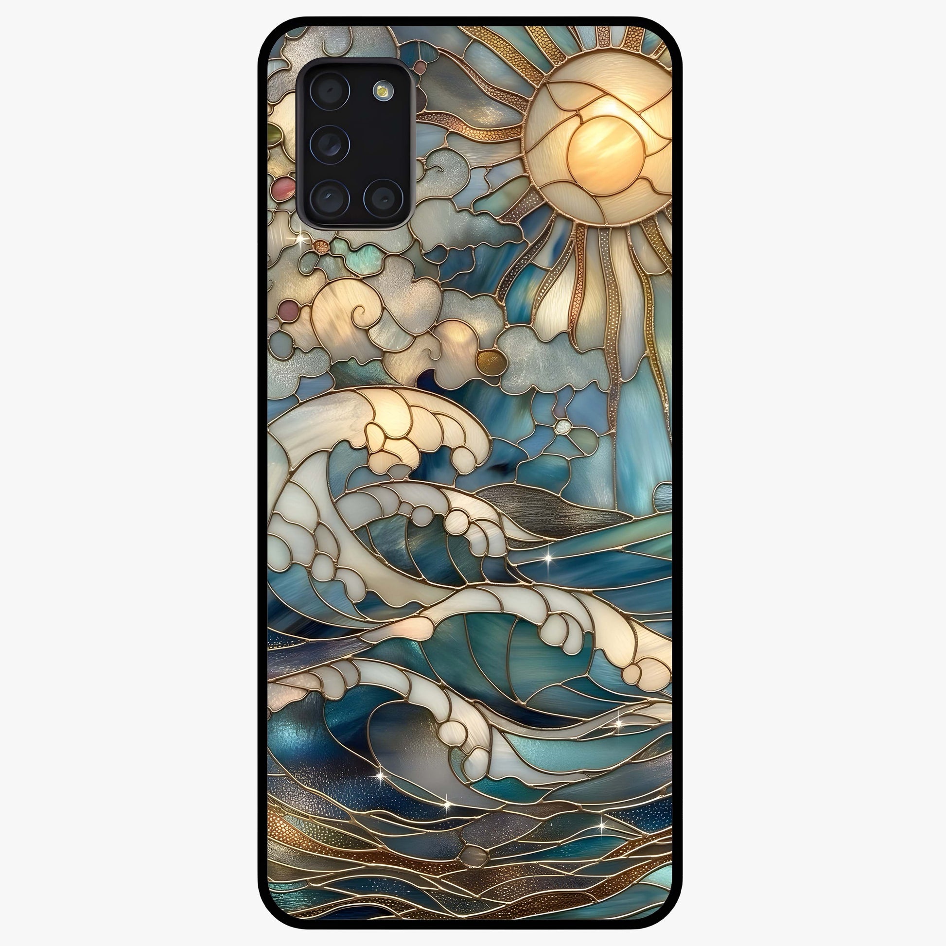 Oceanic Stained Printed Glass Case showing flat back view with ocean inspired stained pattern artwork and glossy glass finish.