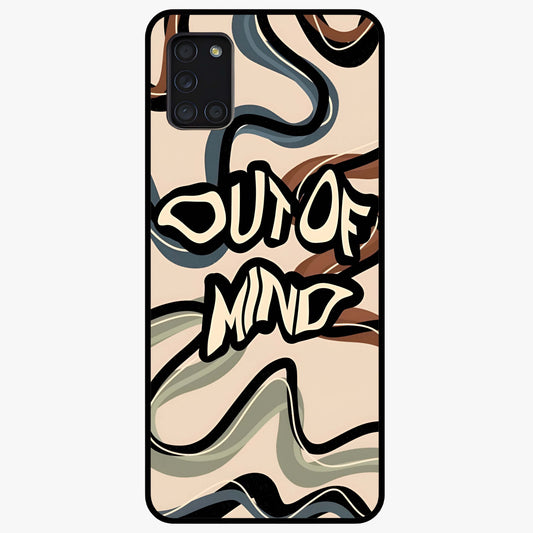 Out Of Mind Glass Case showing flat back view with expressive typography artwork and glossy glass finish.