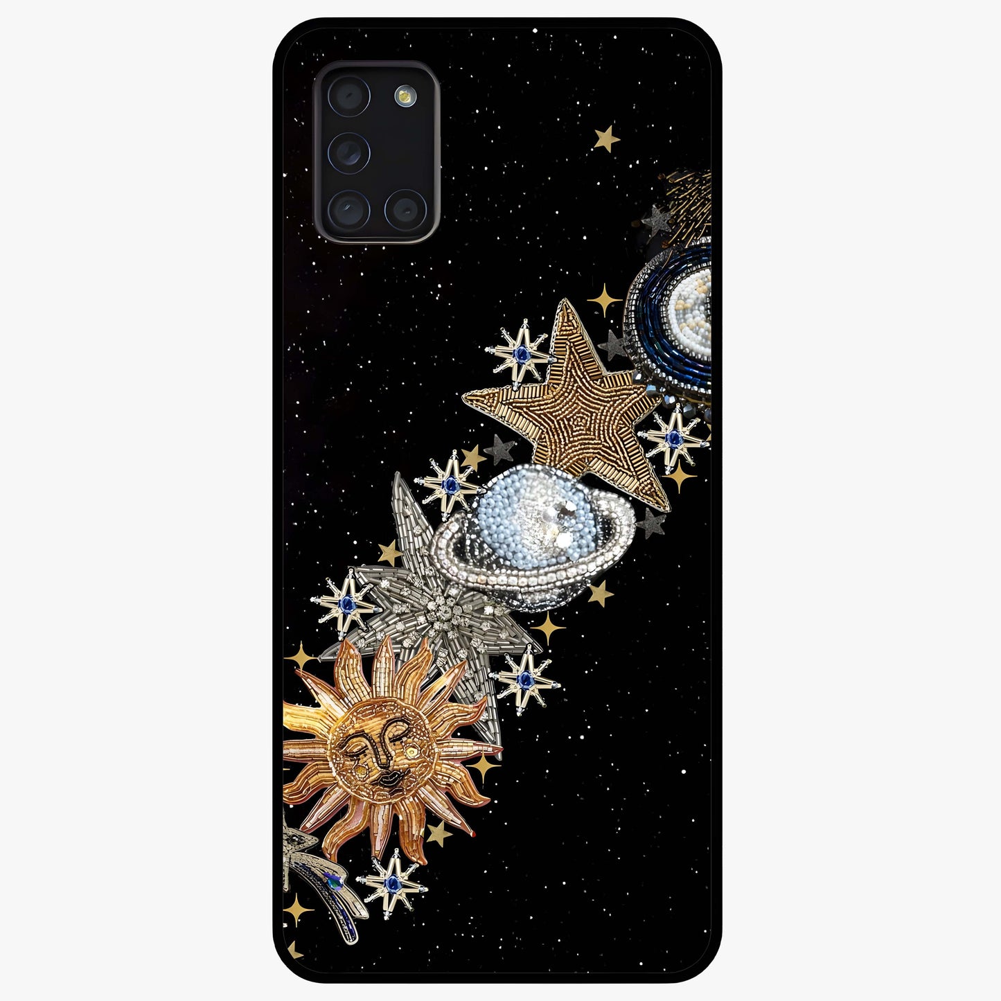 Pearls Universe Object Glass Case showing flat back view with pearl inspired cosmic artwork and glossy glass finish.