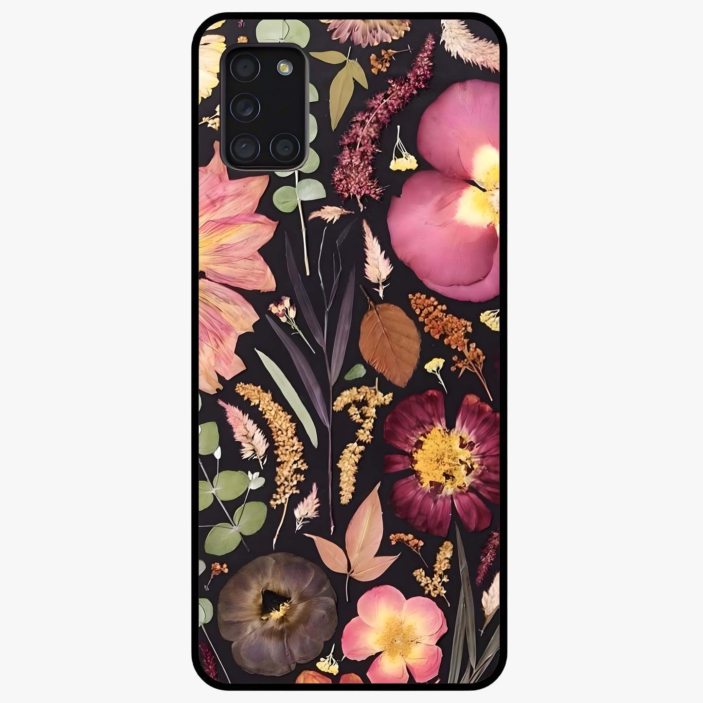 Petal Dream Tapestry Glass Case showing flat back view with intricate floral tapestry artwork and glossy glass finish.