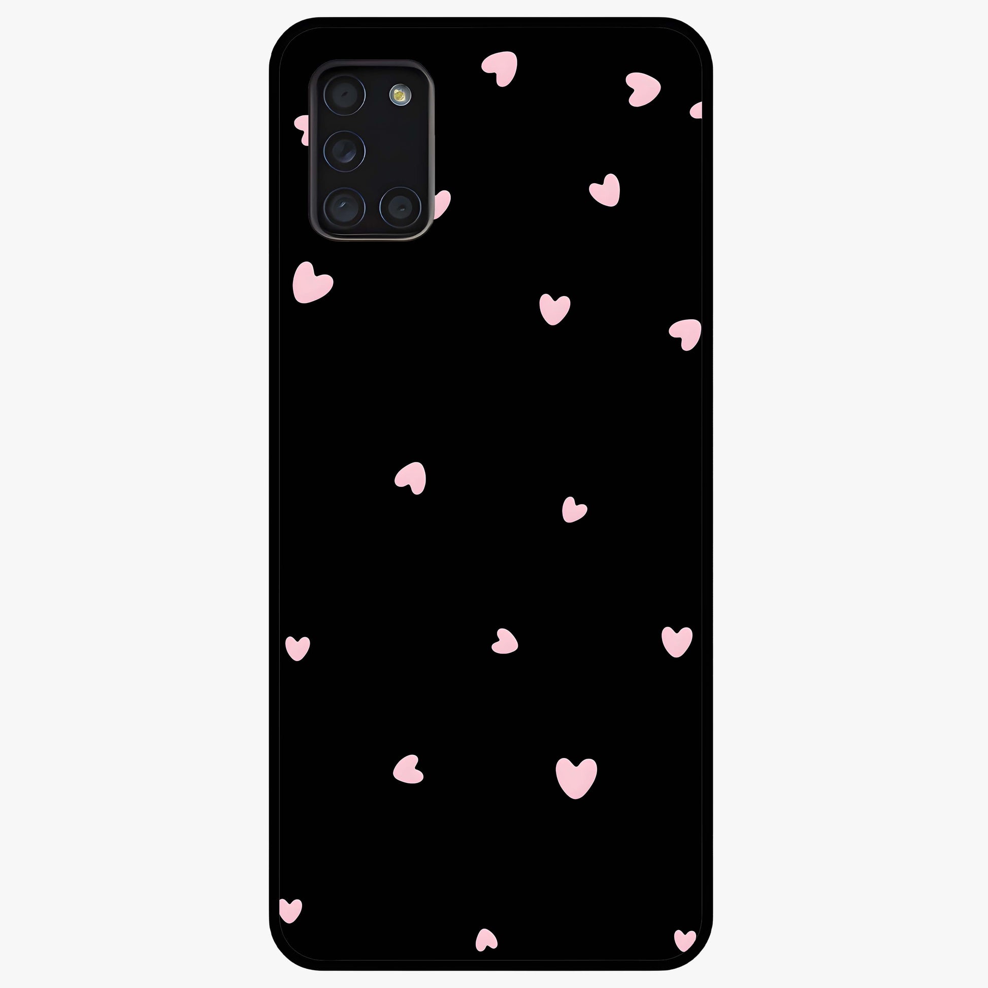 Pink Love Drops Glass Case showing flat back view with playful pink heart drops artwork and glossy glass finish.