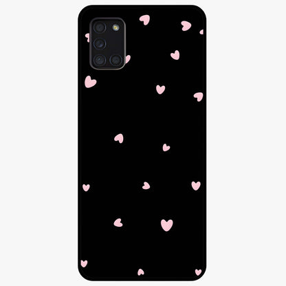 Pink Love Drops Glass Case showing flat back view with playful pink heart drops artwork and glossy glass finish.