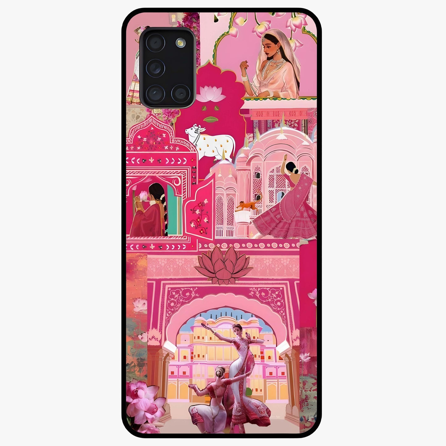 Pink Palace Muse Glass Case showing flat back view with elegant palace inspired artwork and glossy glass finish.