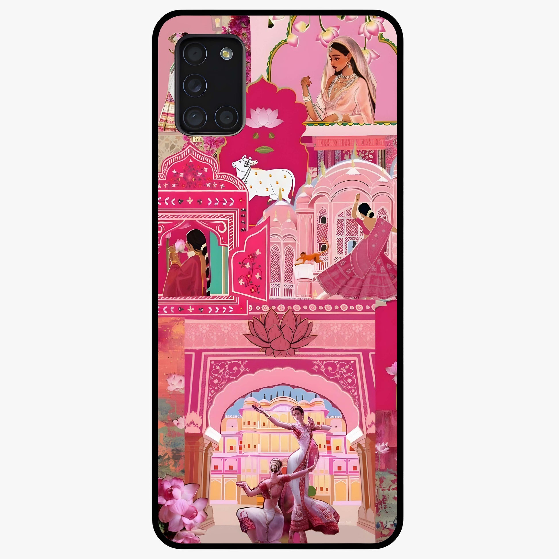 Pink Palace Muse Glass Case showing flat back view with elegant palace inspired artwork and glossy glass finish.