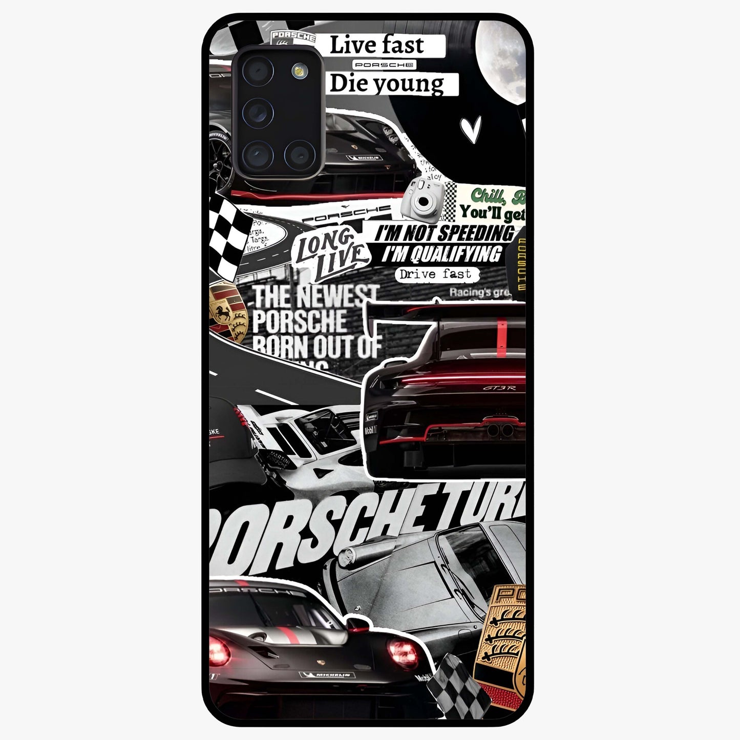 Porsche Racing Collage Glass Case showing flat back view with sports car racing collage artwork and glossy glass finish.