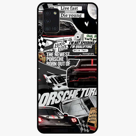 Porsche Racing Collage Glass Case showing flat back view with sports car racing collage artwork and glossy glass finish.