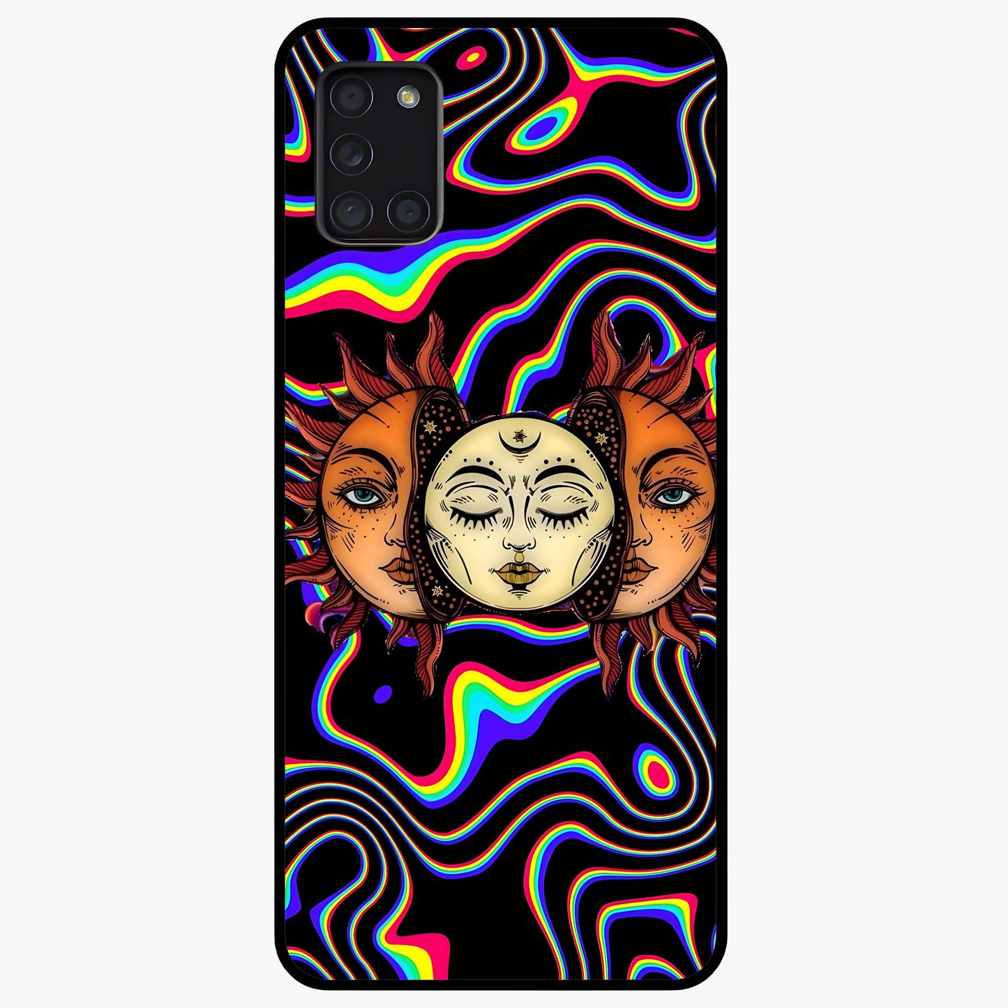 Psychedelic Sun Glass Case showing flat back view with colorful psychedelic sun artwork and glossy glass finish.