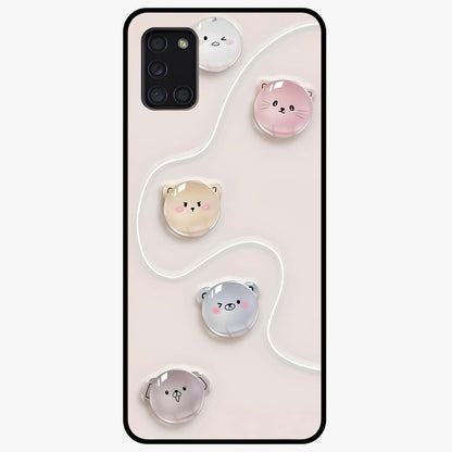 Puffy Face Parade Glass Case showing flat back view with cute puffy character faces artwork and glossy glass finish.