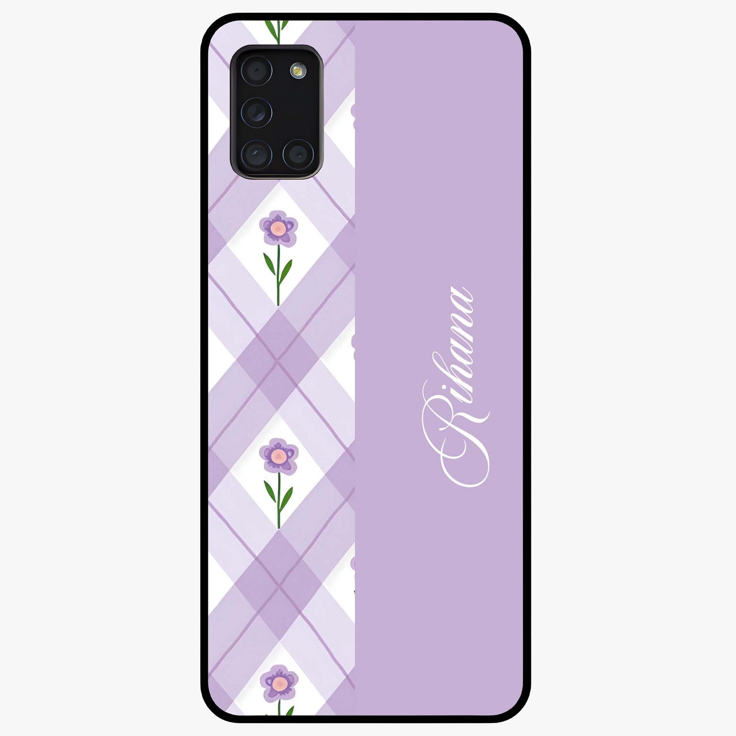 Purple Diamond Floral Glass Case showing flat back view with diamond shaped floral artwork and glossy glass finish.