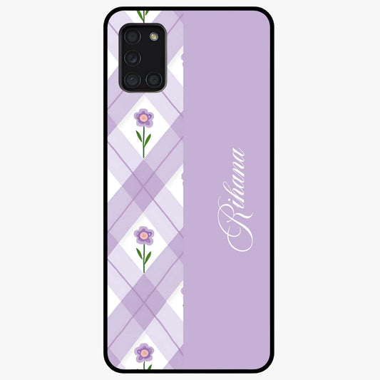 Purple Diamond Floral Glass Case showing flat back view with diamond shaped floral artwork and glossy glass finish.
