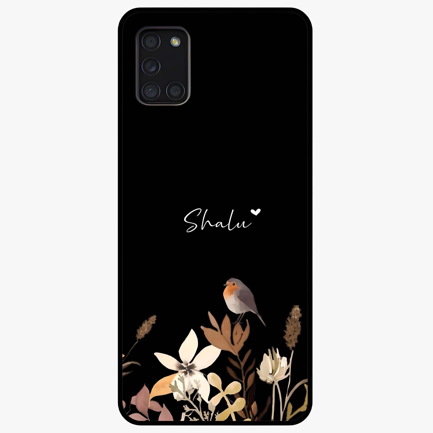 Quiet Garden Tune Custom Name Glass Case showing flat back view with peaceful garden artwork and personalized name design.