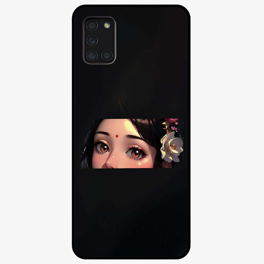 Radha Divine Embrace Glass Case showing flat back view with devotional Radha artwork and glossy glass finish.