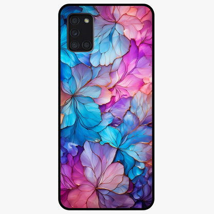 Radiant Floral Whirl Glass Case showing flat back view with swirling floral artwork and glossy glass finish.