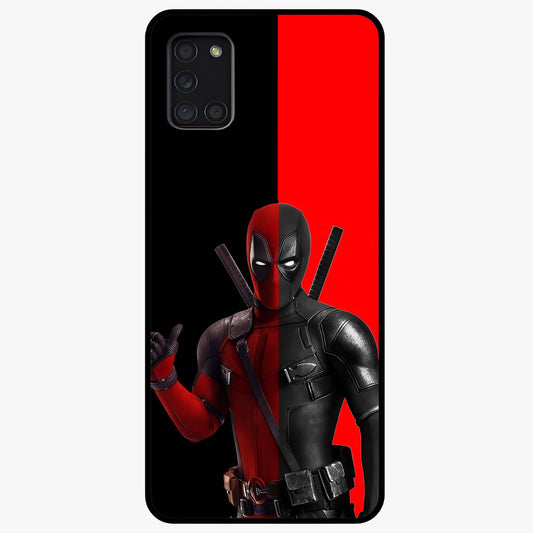 Red & Black Deadpool Theme Glass Case showing flat back view with bold comic inspired artwork and glossy glass finish.