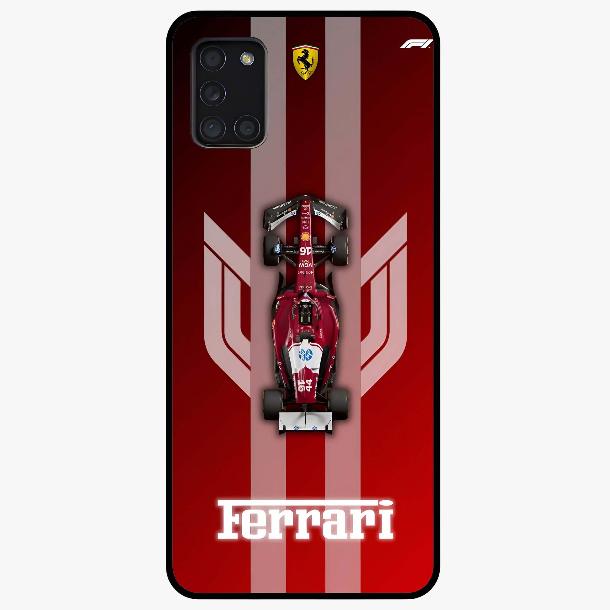 Red Ferrari F1 Vertical Glass Case showing flat back view with sleek Formula racing car artwork and glossy glass finish.