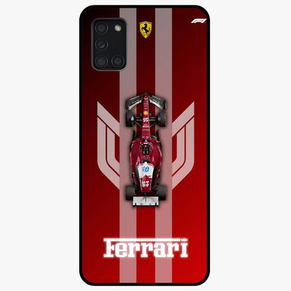 Red Ferrari F1 Vertical Glass Case showing flat back view with sleek Formula racing car artwork and glossy glass finish.