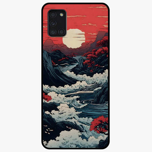 Red Sunset Scenery Glass Case showing flat back view with vibrant sunset landscape artwork and glossy glass finish.