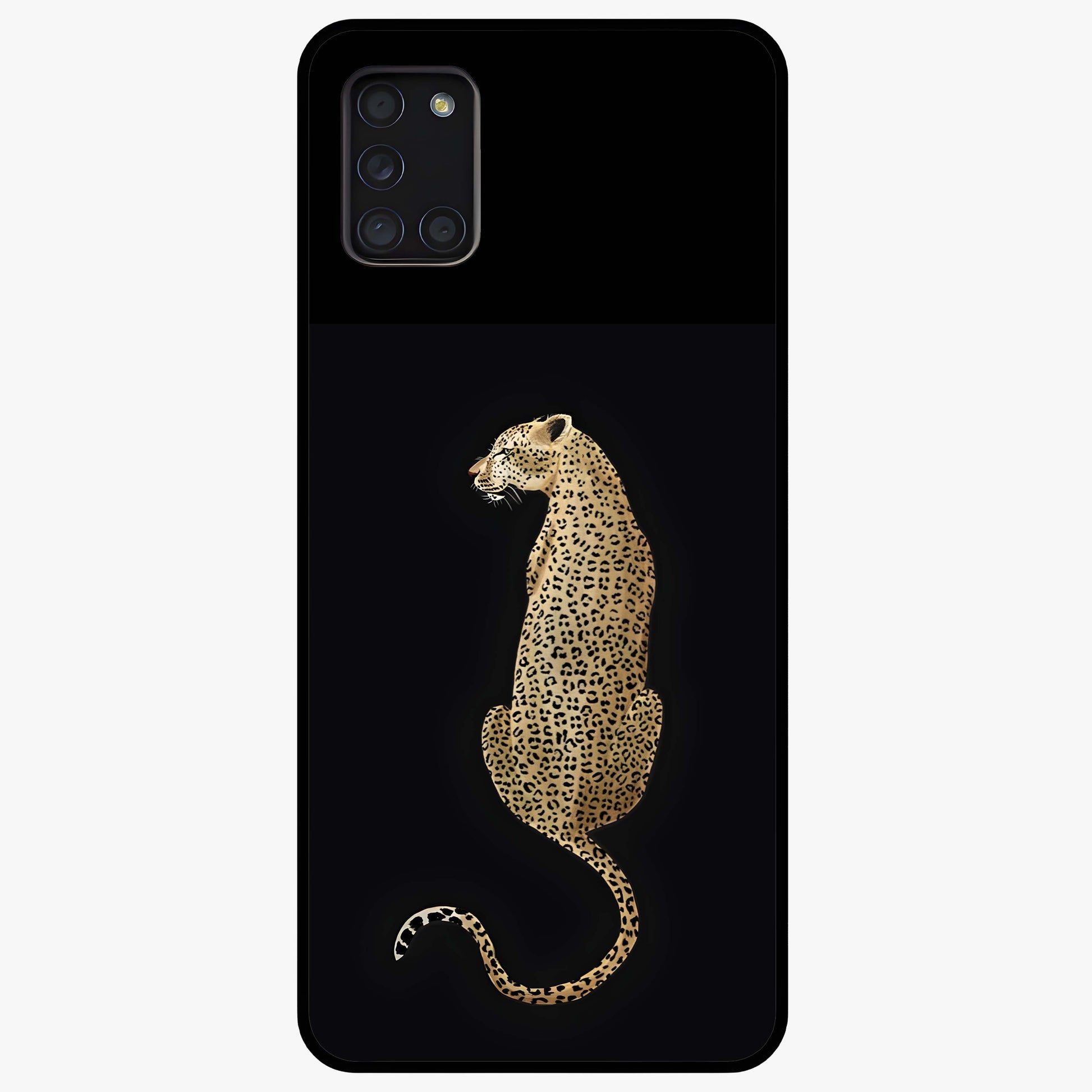 Regal Leopard Glass Case showing flat back view with bold leopard artwork and glossy glass finish.
