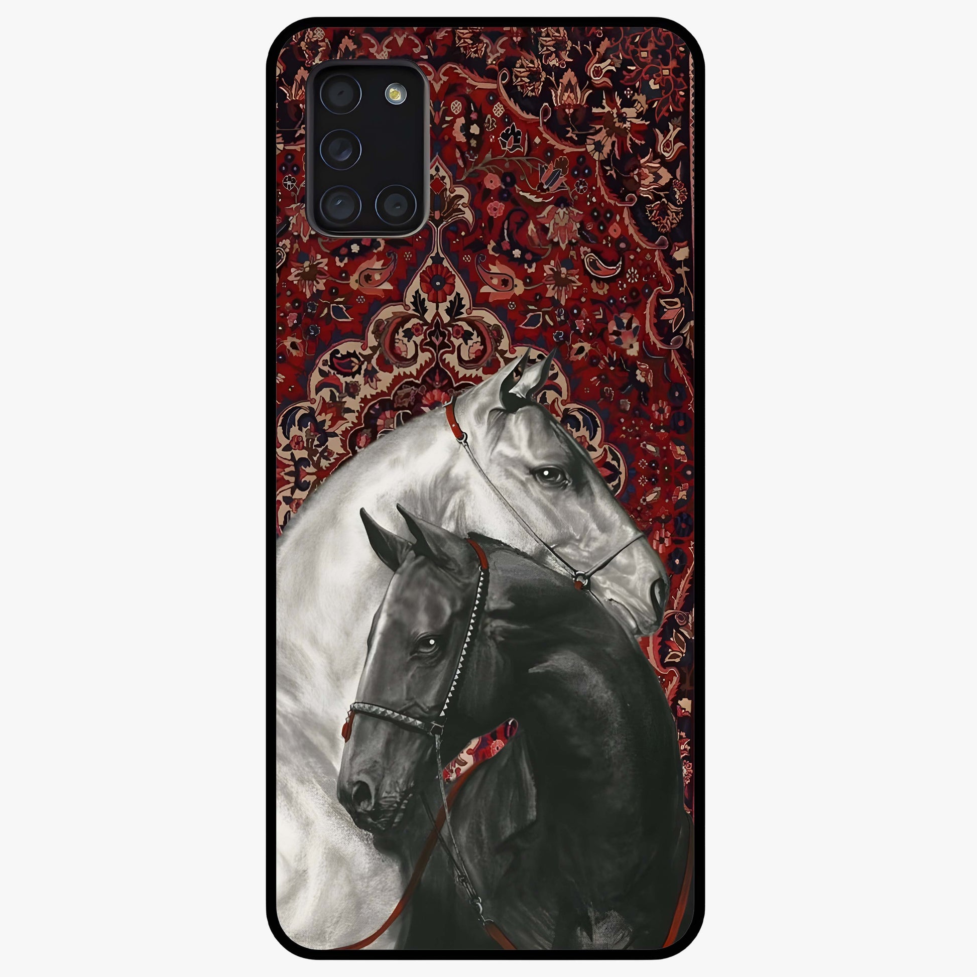 Regal Stallion Tapestry Glass Case showing flat back view with majestic horse tapestry artwork and glossy glass finish.